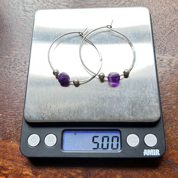 Vintage Sterling Silver Hoop Earrings – Amethyst Beads, 1990s Y2K, 6.5g - Picture 4 of 5